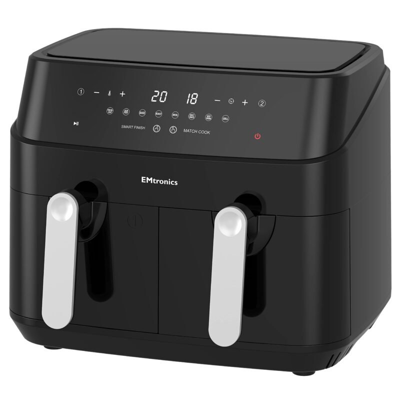 EMtronics EMAFDD9LSL Dual Air Fryer 9L - Double XL Basket, 8 Cooking Presets, 99-Min Timer, Stainless Steel, Oil-Free Healthy Cooking - Image 4