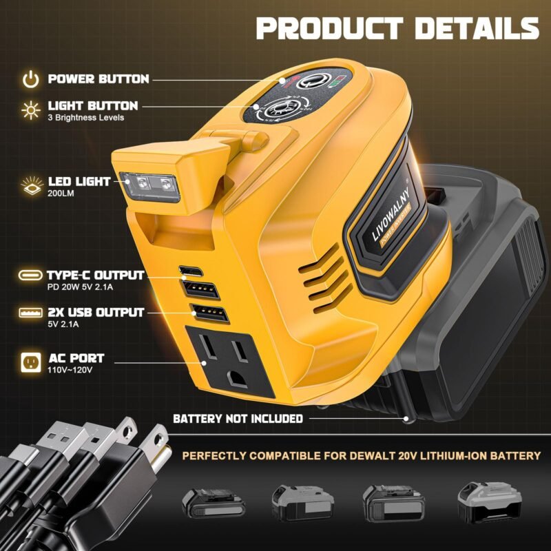 200W Power Inverter for Dewalt 20V, DC 20V to AC 110-120V Battery Inverter, Portable Power Station Generator, Charger Adapter Battery Powered Outlet with 2 USB Ports & 1 Type-C & 1 AC Outlet - Image 29