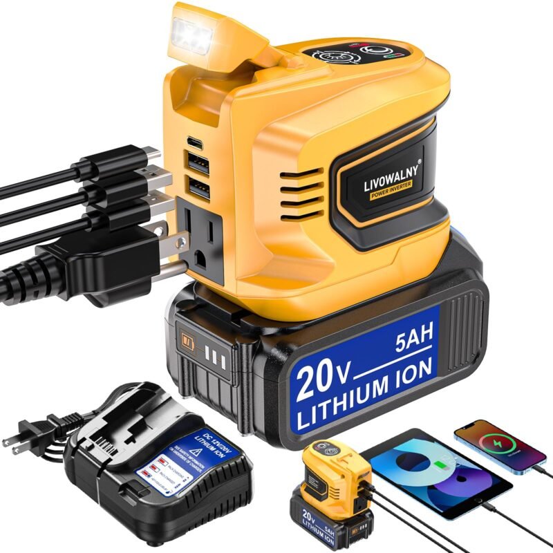 200W Power Inverter for Dewalt 20V, DC 20V to AC 110-120V Battery Inverter, Portable Power Station Generator, Charger Adapter Battery Powered Outlet with 2 USB Ports & 1 Type-C & 1 AC Outlet - Image 2