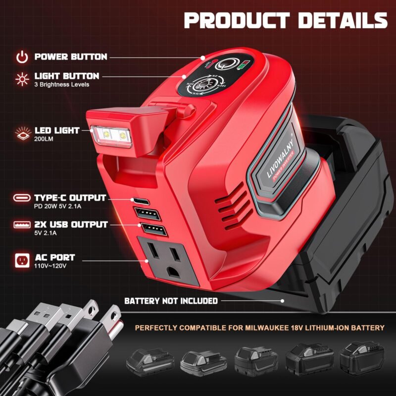 200W Power Inverter for Dewalt 20V, DC 20V to AC 110-120V Battery Inverter, Portable Power Station Generator, Charger Adapter Battery Powered Outlet with 2 USB Ports & 1 Type-C & 1 AC Outlet - Image 7