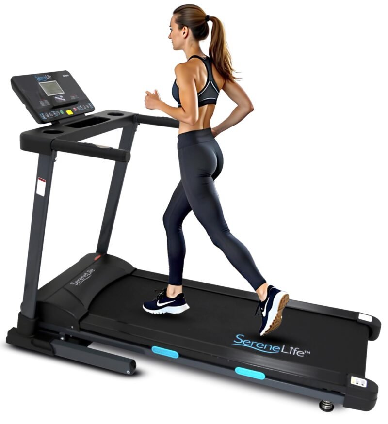 SereneLife Electric Folding Treadmill Exercise Machine - Smart Compact Digital Fitness Treadmill Workout Trainer w/Bluetooth App Sync, Manual Incline Adjustment, for Walking, Running, Gym - Image 2