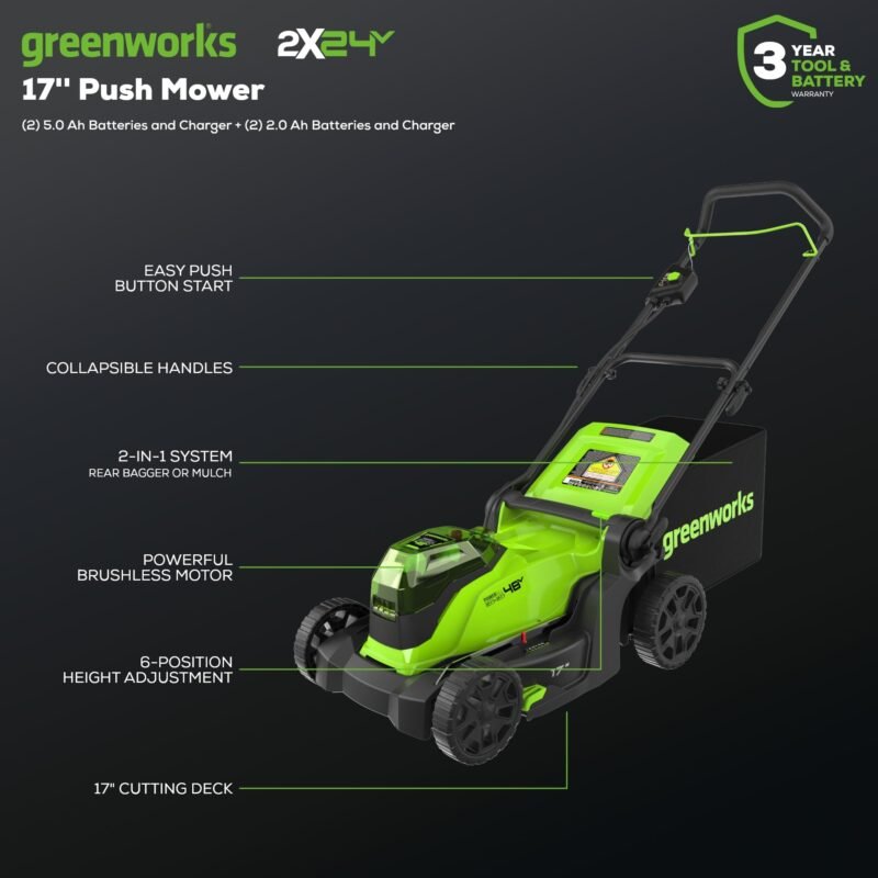 Greenworks 48V (2 x 24V) 17" Brushless Cordless (Push) Lawn Mower, (2) 4.0Ah Batteries and Dual Port Rapid Charger Included - Image 12