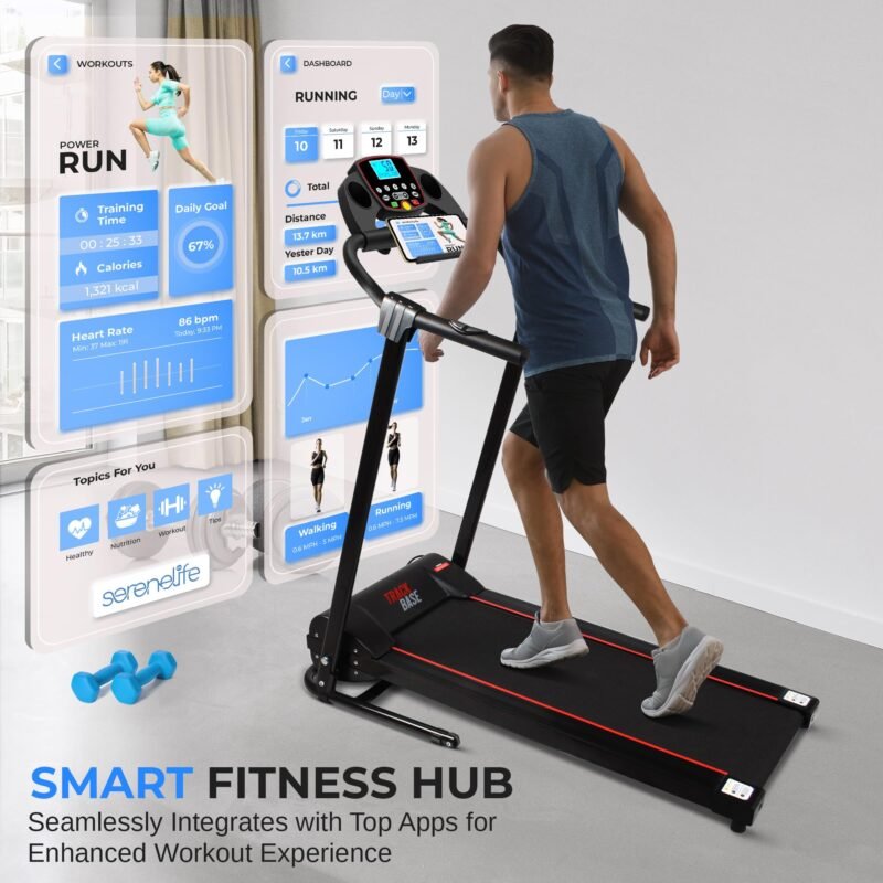 SereneLife Electric Folding Treadmill Exercise Machine - Smart Compact Digital Fitness Treadmill Workout Trainer w/Bluetooth App Sync, Manual Incline Adjustment, for Walking, Running, Gym - Image 39