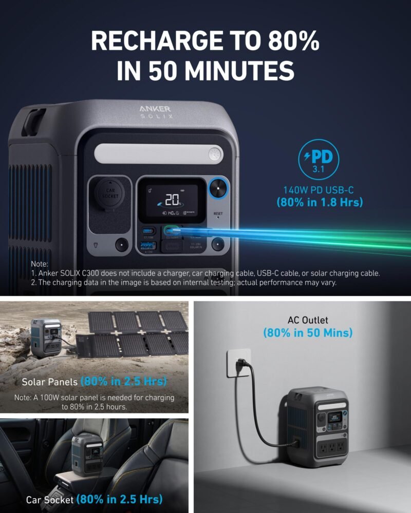 Anker SOLIX C300 Portable Power Station, Outdoor 288Wh LiFePO4 Battery, 300W (600W Surge) Solar Generator, 140W Two-Way Fast Charging, for Camping, Traveling, and Emergencies (Solar Panel Optional) - Image 11